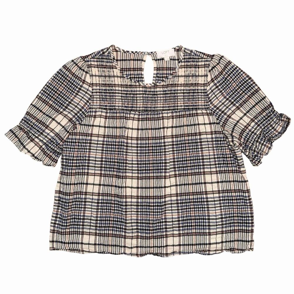 LOFT Outlet Petite Plaid Smocked Puff‎ Sleeve Top - Size LP
